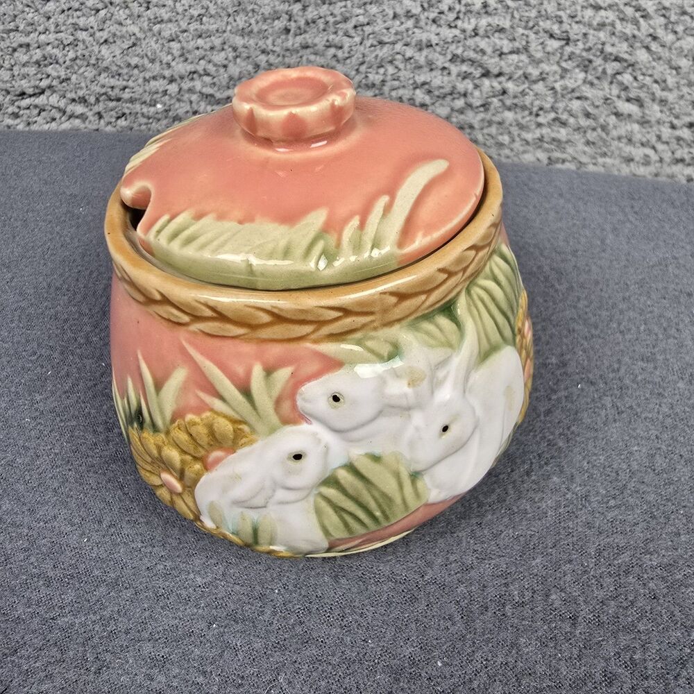 Henriksen Import 4 in Bunnies Chinese Majolica Lidded Jelly Condiment Jar